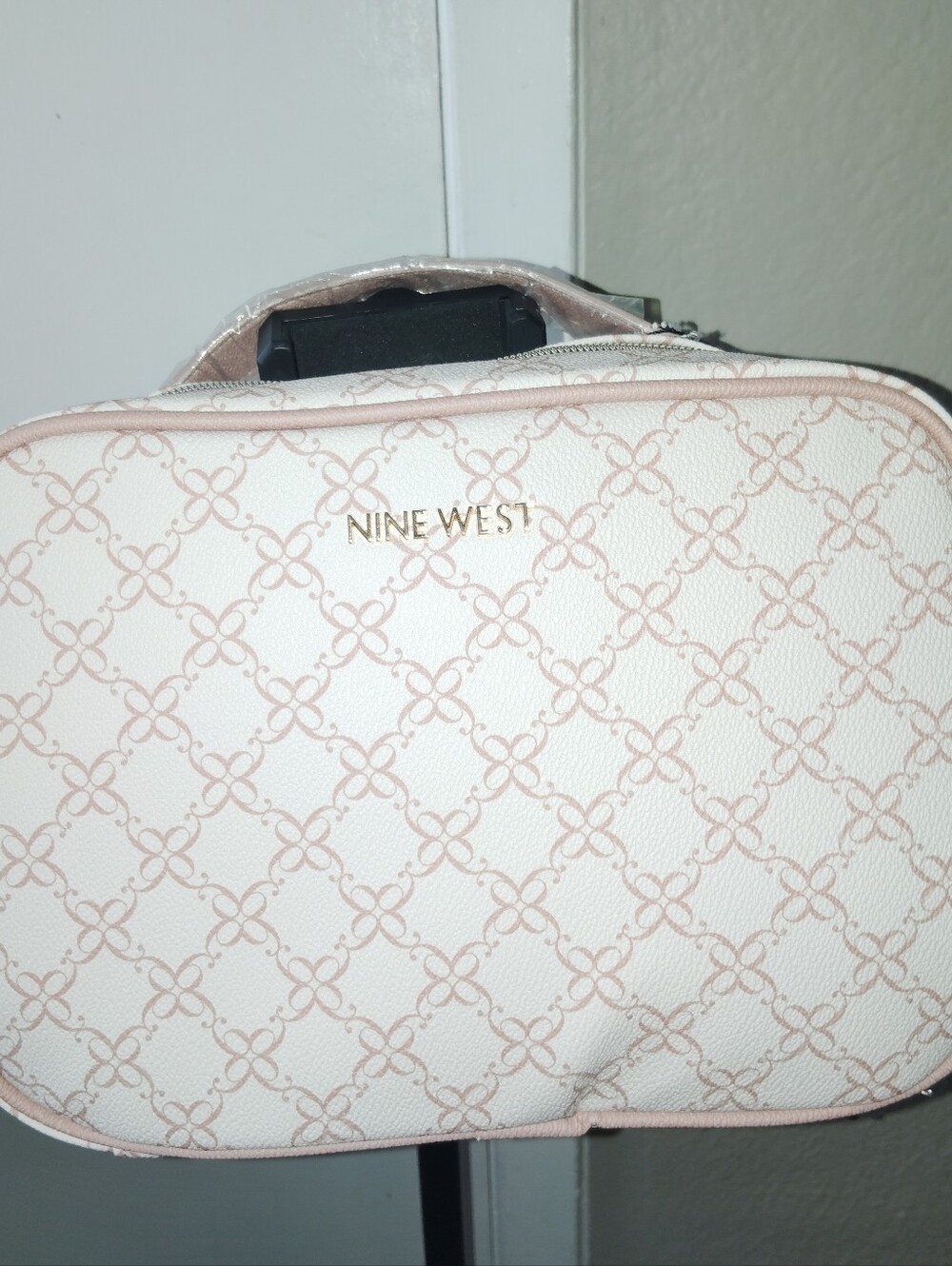 NWT Nine West Monogram Makeup Bag Travel Case Beige/Pink